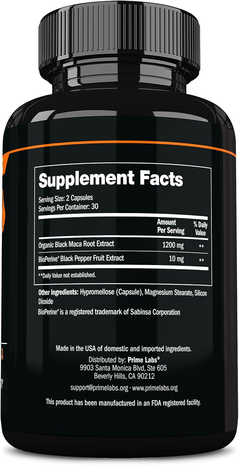 Prime Labs Maca Negra Orgánica 1200mg - Extracto 20:1 - 60 Cápsulas