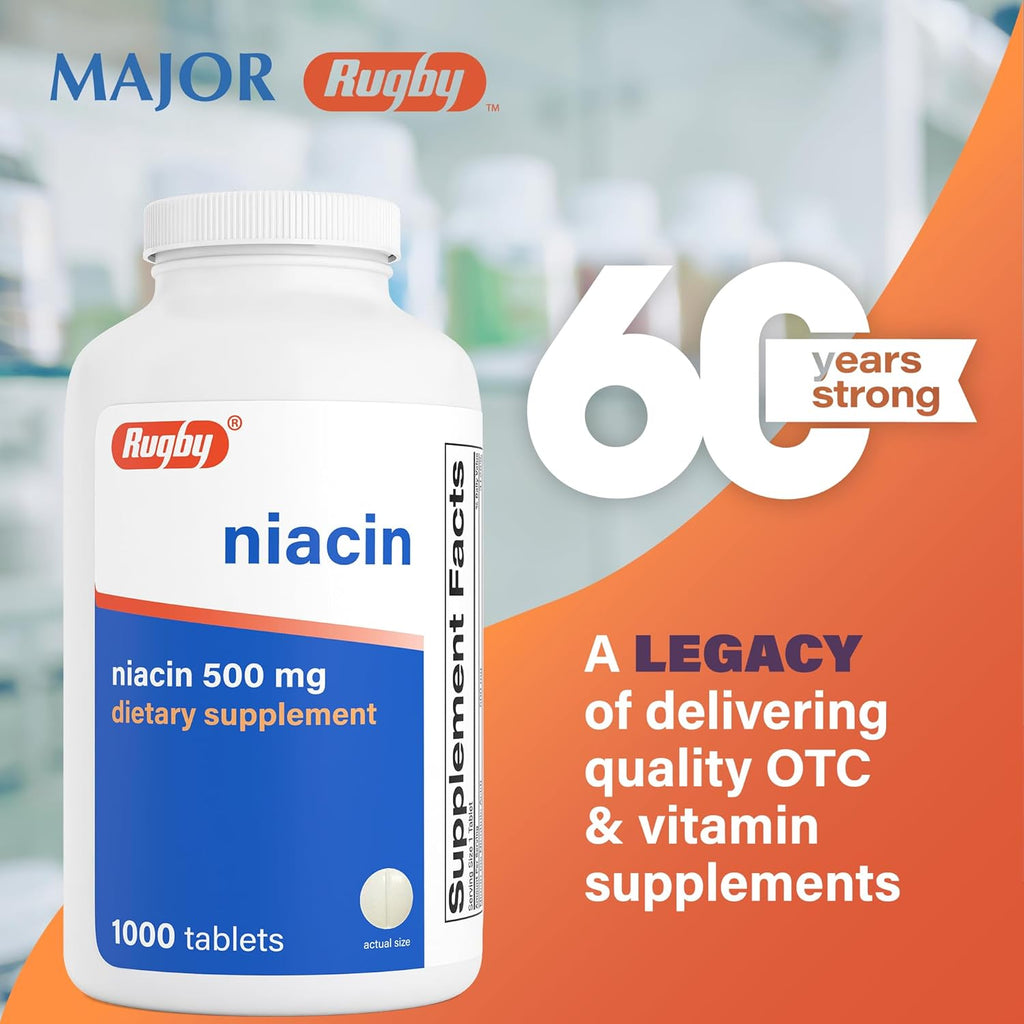 Rugby Niacina 500mg - Suplemento de Vitamina B3 para Hombres y Mujeres - 1000 Comprimidos
