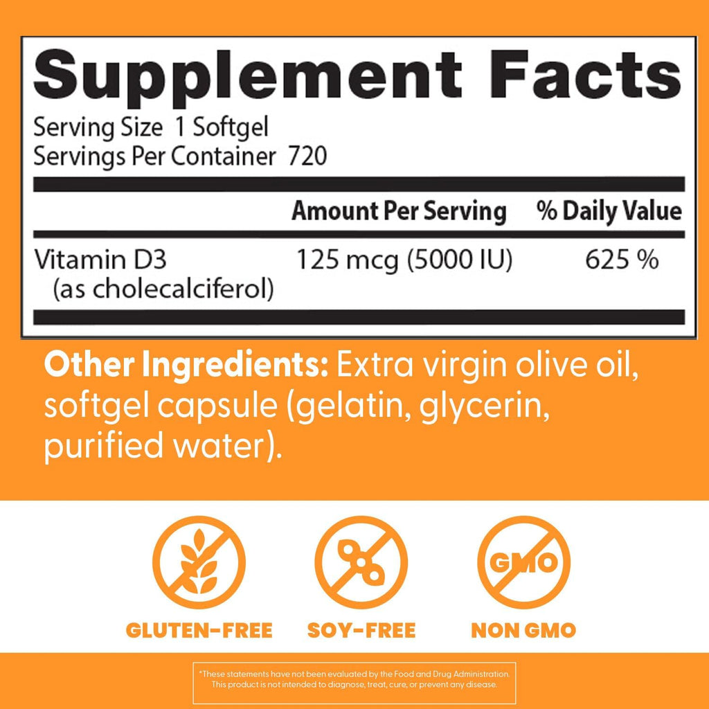 Doctor's Best Vitamin D3, 5000 IU, 720 Capsules - Bone, Teeth, and Immune Support