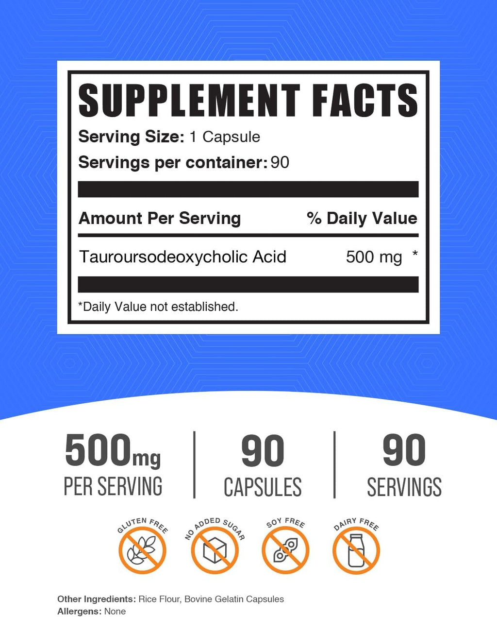 Cápsulas de TUDCA de BulkSupplements - Ácido Tauroursodesoxicólico, 500 mg, Apoyo Hepático, Sin Gluten, 90 Cápsulas