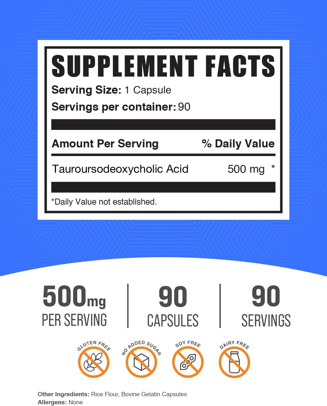 Cápsulas de TUDCA de BulkSupplements - Ácido Tauroursodesoxicólico, 500 mg, Apoyo Hepático, Sin Gluten, 90 Cápsulas
