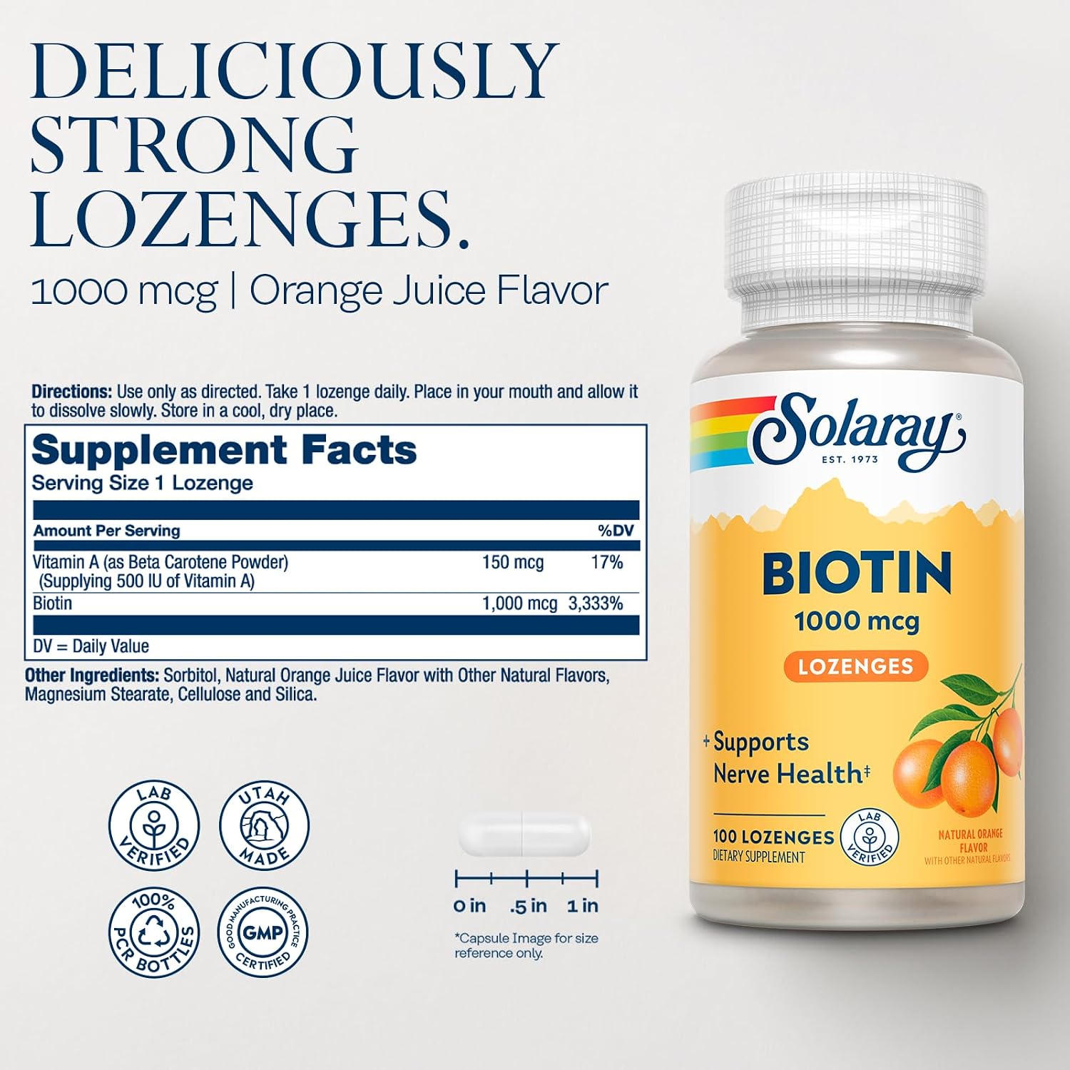 Solaray Biotina 1000mcg Pastillas Masticables - Complemento con Vitamina A - Sabor Naranja Natural