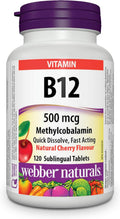 Webber Naturals Vitamina B12 (metilcobalamina) sublingual, 120 comprimidos, sabor natural a cereza