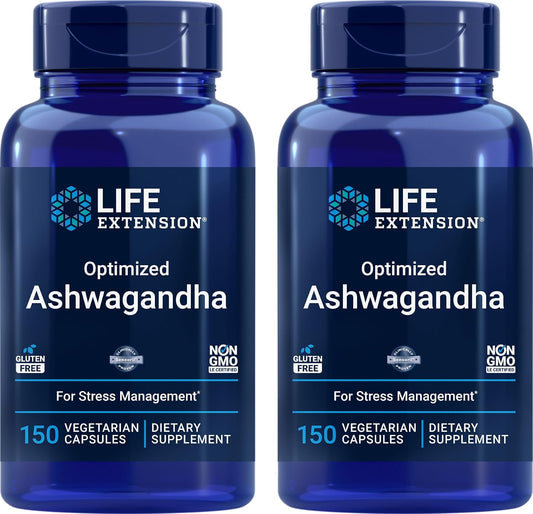 Life Extension Optimized Ashwagandha, 150 Cápsulas Vegetales (Pack de 2) - No OGM, Sin Gluten, Vegetariano