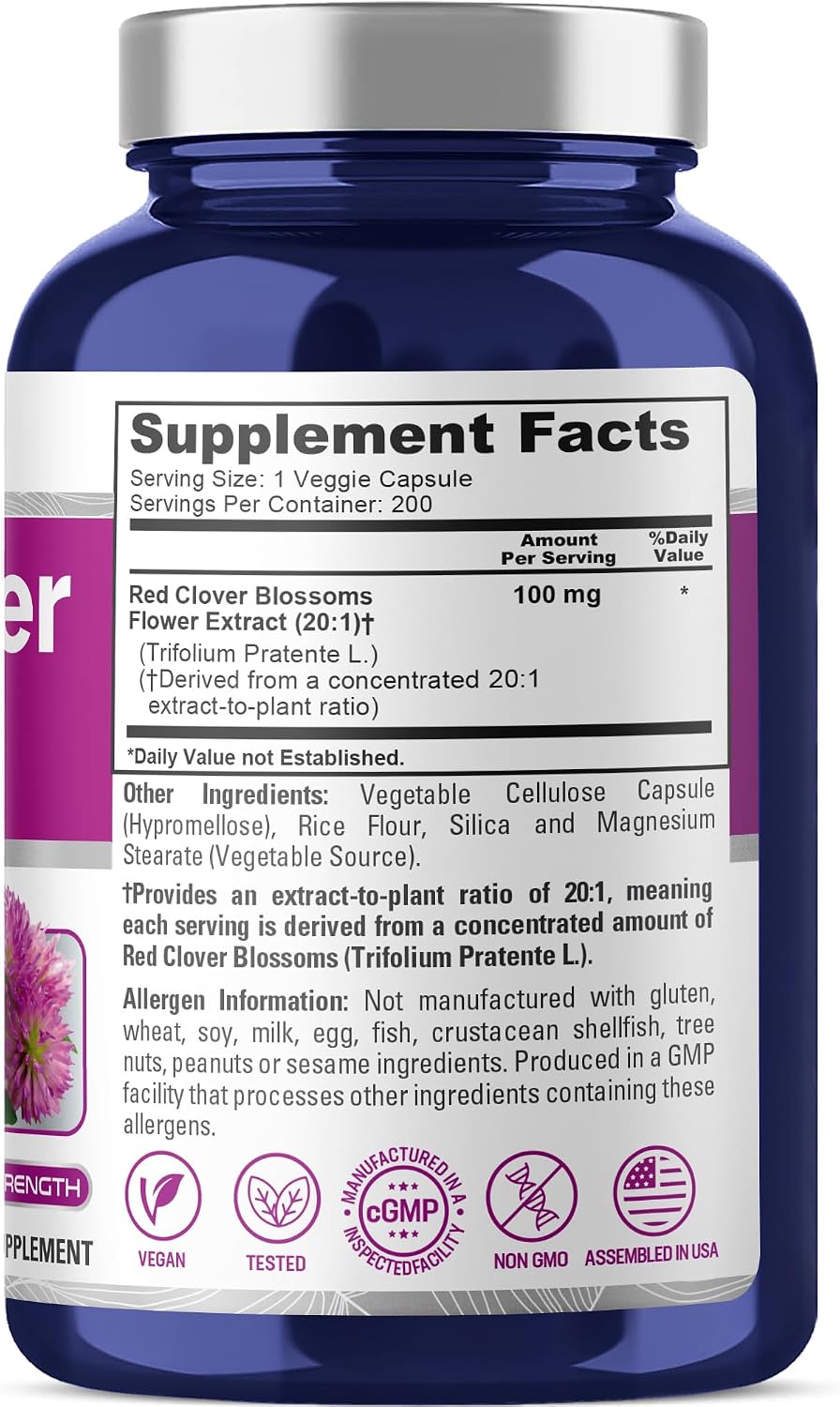 NusaPure Cápsulas de Flores de Trébol Rojo, 100 mg, 200 Cápsulas Veganas (No Transgénico, Vegano)