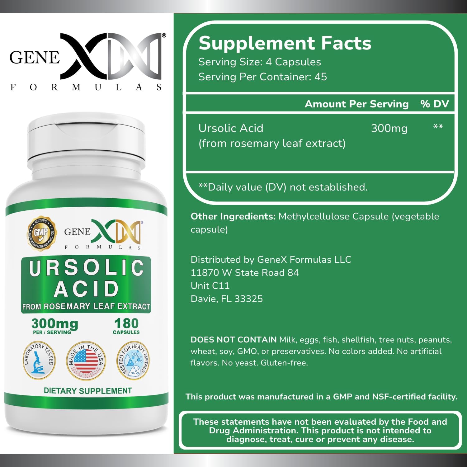 Genex Formulas Ácido Ursólico 300mg (180 Cápsulas) – Extracto de Romero, No-GMO, Sin Gluten, Vegetariano