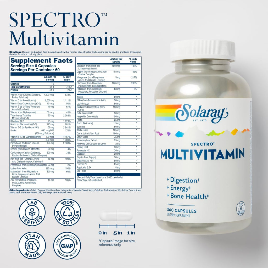 SOLARAY Spectro Multivitamin con Hierro - Complejo Multivitamínico con Calcio, Magnesio, Superalimentos y Enzimas Digestivas - Apoyo para Digestión, Energía y Salud Ósea (360 Cápsulas)