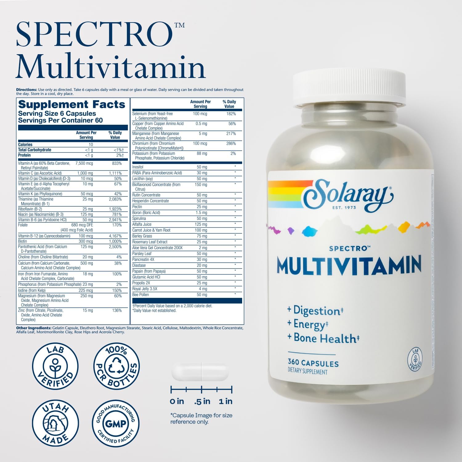 SOLARAY Spectro Multivitamin con Hierro - Complejo Multivitamínico con Calcio, Magnesio, Superalimentos y Enzimas Digestivas - Apoyo para Digestión, Energía y Salud Ósea (360 Cápsulas)