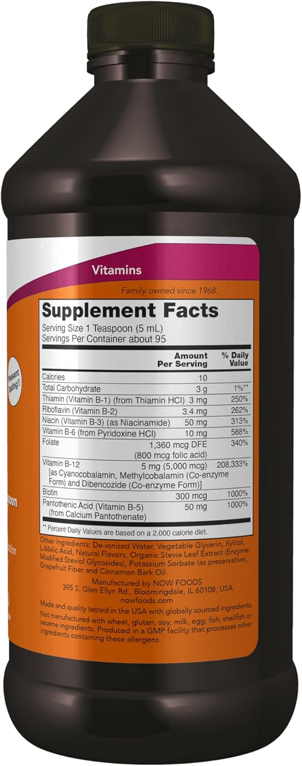 NOW Foods Ultra B-12 Líquido, 5000 mcg de Vitamina B12 con Ácido Fólico, 473 ml