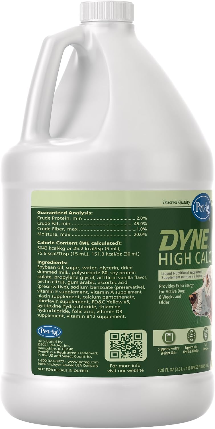 PetAg Dyne Suplemento Nutricional Líquido de Alto Contenido Calórico para Perros y Cachorros - 3,78 Litros - Sabor Vainilla Dulce