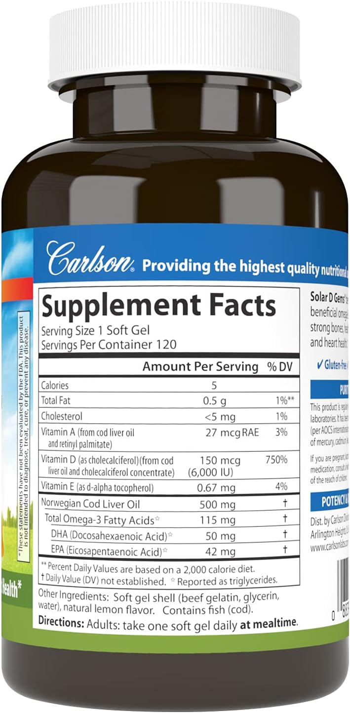 Carlson Solar D Gems, Vitamina D3 y Omega-3, 6000 UI, 120 Cápsulas Blandas