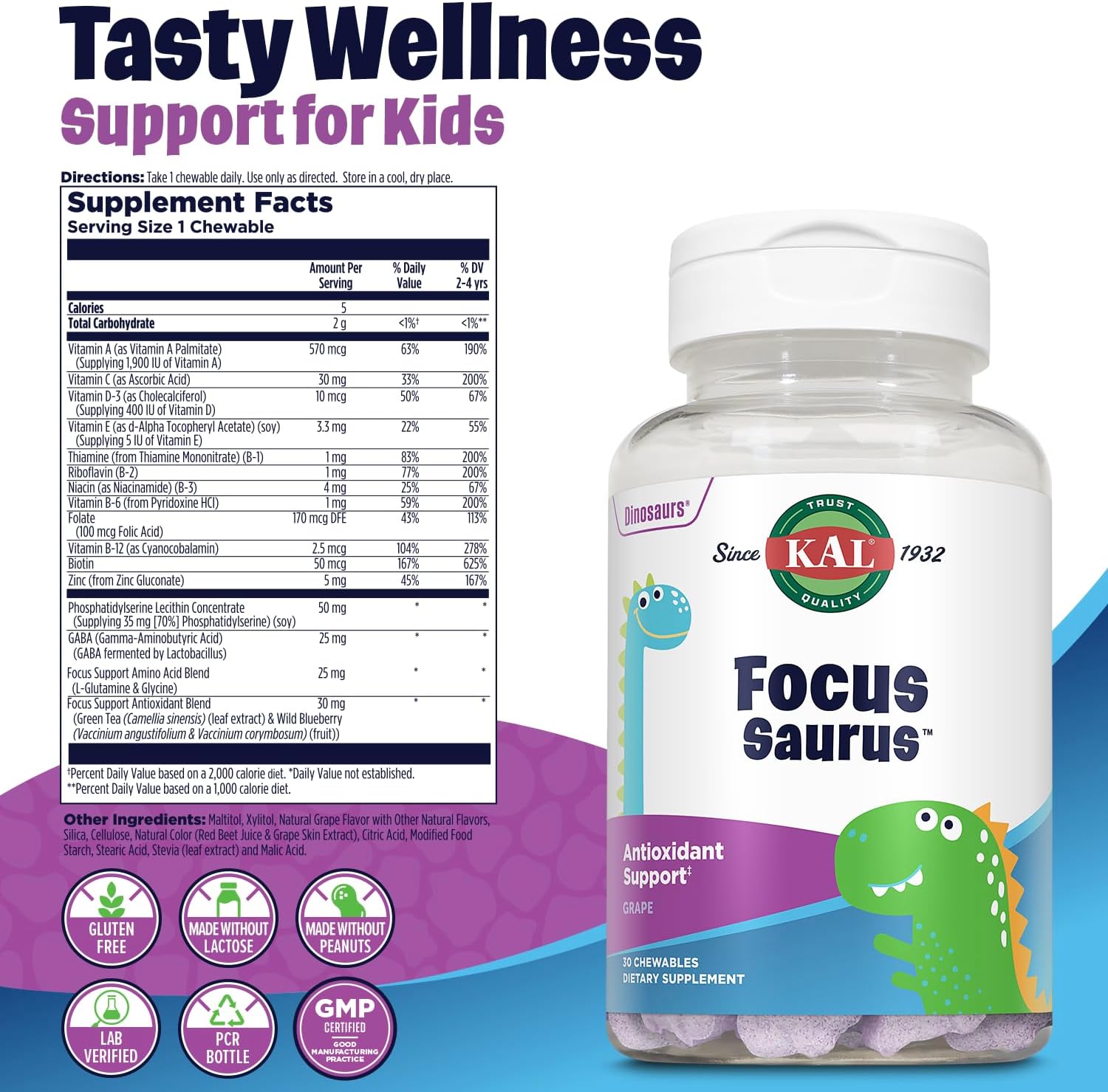 KAL Focus-Saurus Uva, 30 Comprimidos Masticables