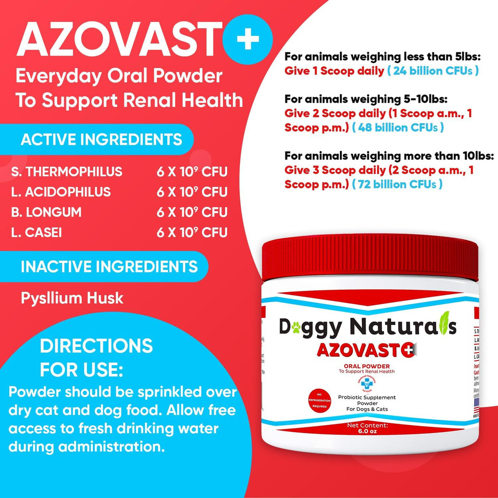 Azovast Plus Suplemento Renal para Perros y Gatos, Polvo Oral (340 g) - 240 Dosis (2 Frascos) - Apoya la Función Renal
