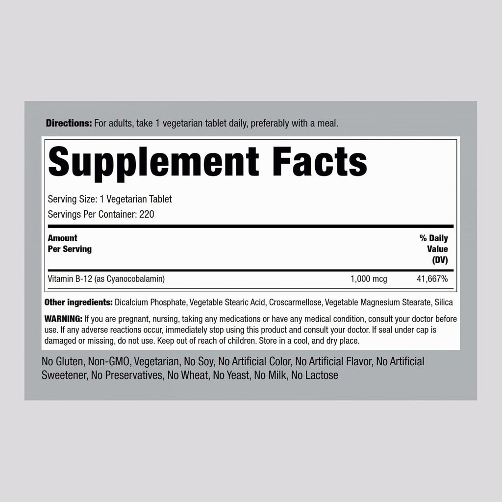 Vitamina B12 1000 mcg - 220 Comprimidos Vegetarianos | Piping Rock