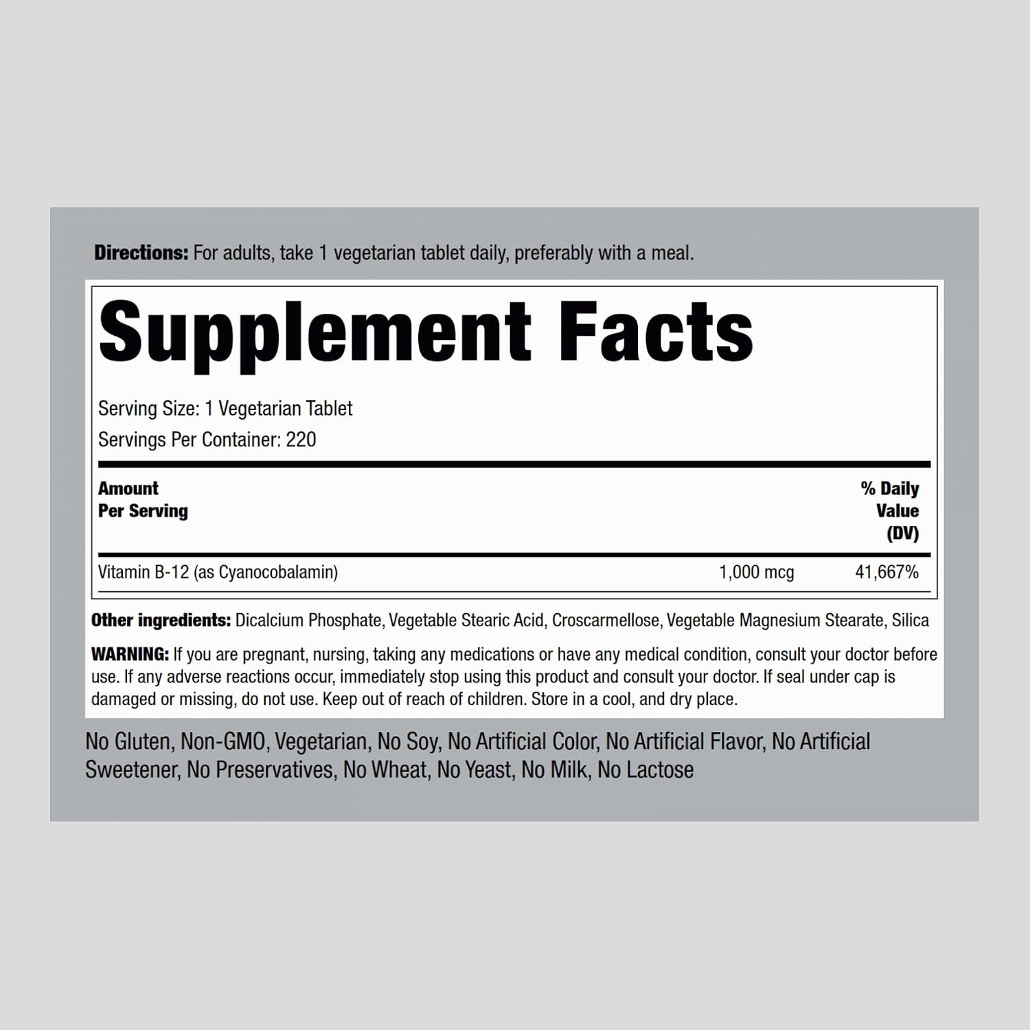 Vitamina B12 1000 mcg - 220 Comprimidos Vegetarianos | Piping Rock