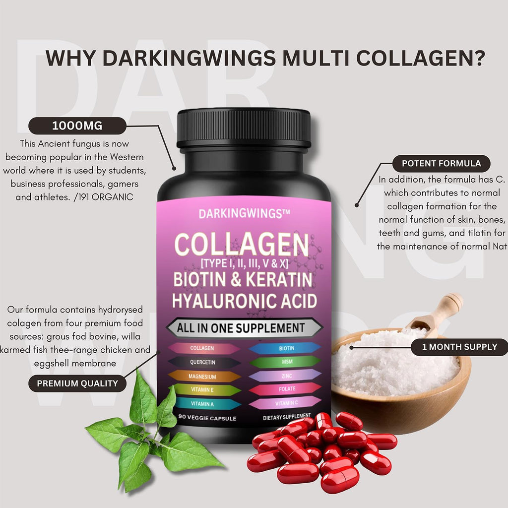 Darkingwings Multi Collagen Pills - Complejo de Colágeno con Biotina, Keratina y Ácido Hialurónico