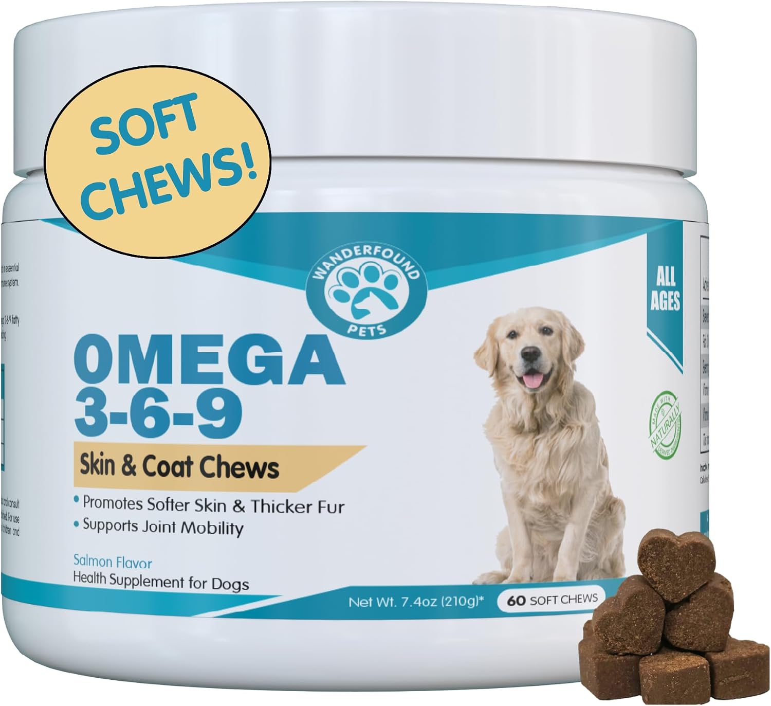 Wanderfound Pets Omega 3 para Perros - Aceite de Pescado para Piel y Pelaje, 60 Masticables