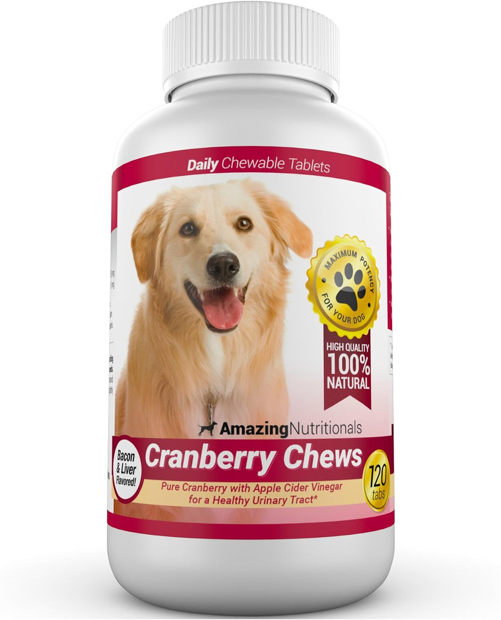 Amazing Cranberry Suplemento de Arándano para Perros - Apoyo Urinario y de Vejiga - 120 Masticables con Vinagre de Manzana para la Salud Inmunitaria - Sabor Bacon