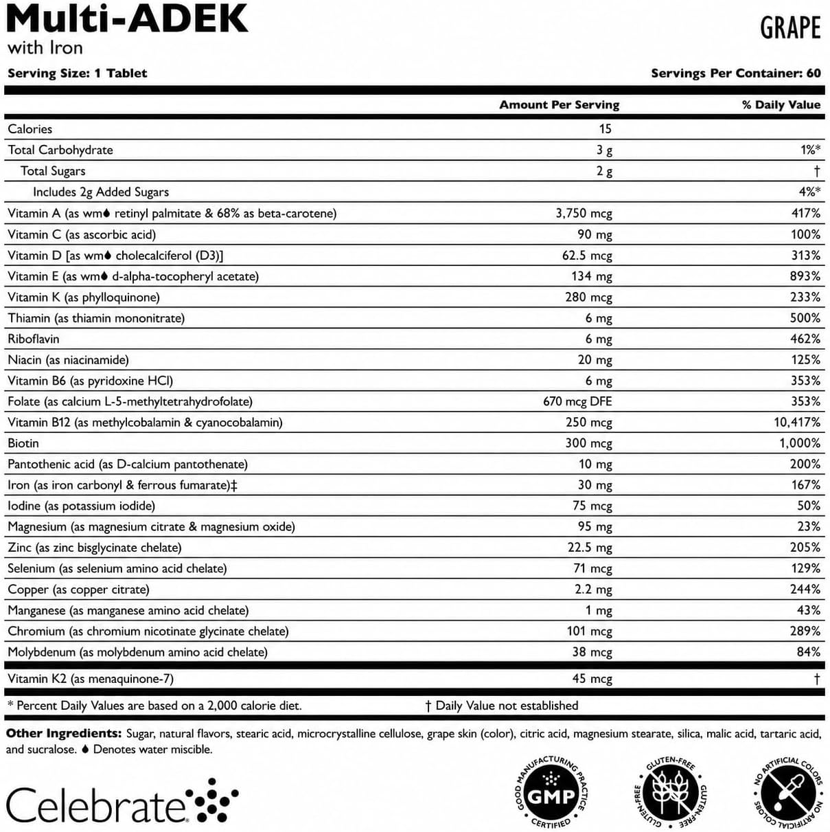 Celebrate Vitamins Multi ADEK Masticable con Hierro 60mg - Multivitamínico Diario para Cirugía Bariátrica - Sabor Uva (60 Comprimidos)