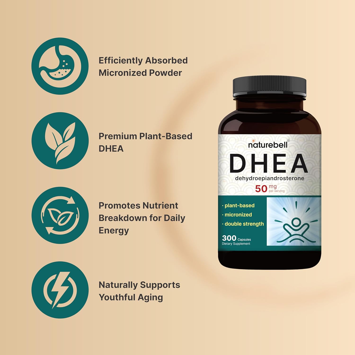 NatureBell DHEA 50mg, 300 Cápsulas - Micronizada, Origen Vegetal, Sin OMG