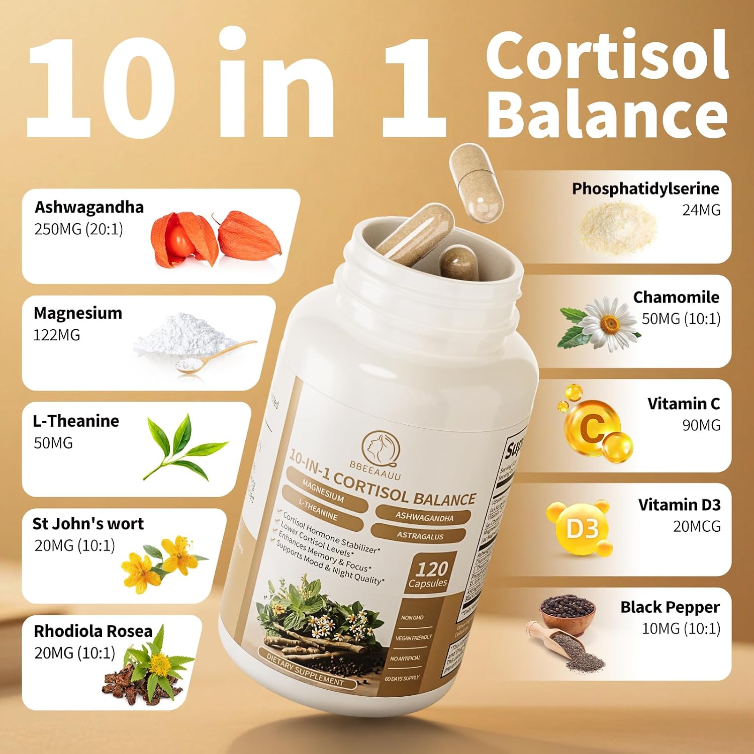 BBEEAAUU Suplemento de Cortisol 10-en-1 con Ashwagandha, Magnesio y L-Teanina - 120 Cápsulas