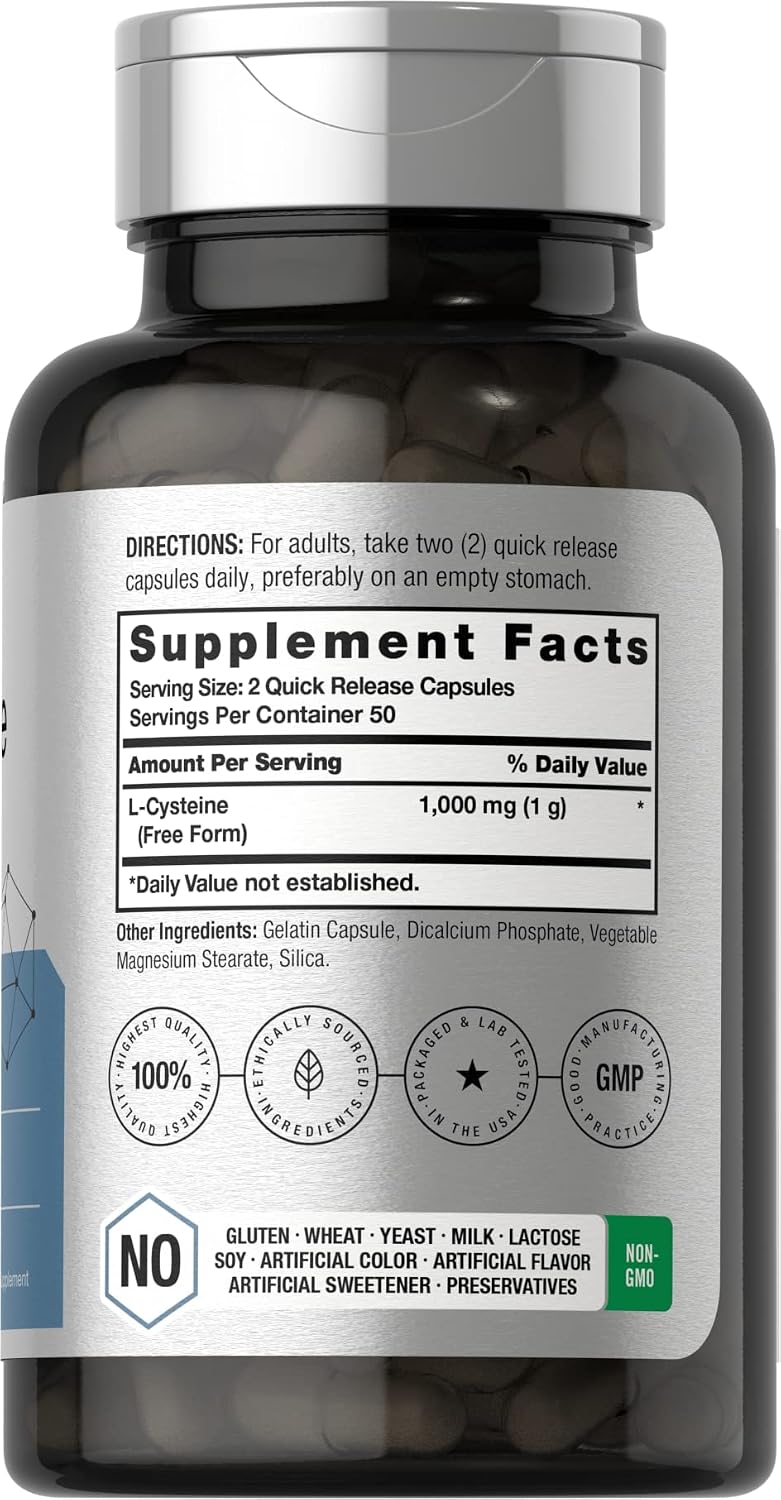 Horbäach L-Cisteína 1000mg | 100 Cápsulas en Polvo | No-GMO, Sin Gluten