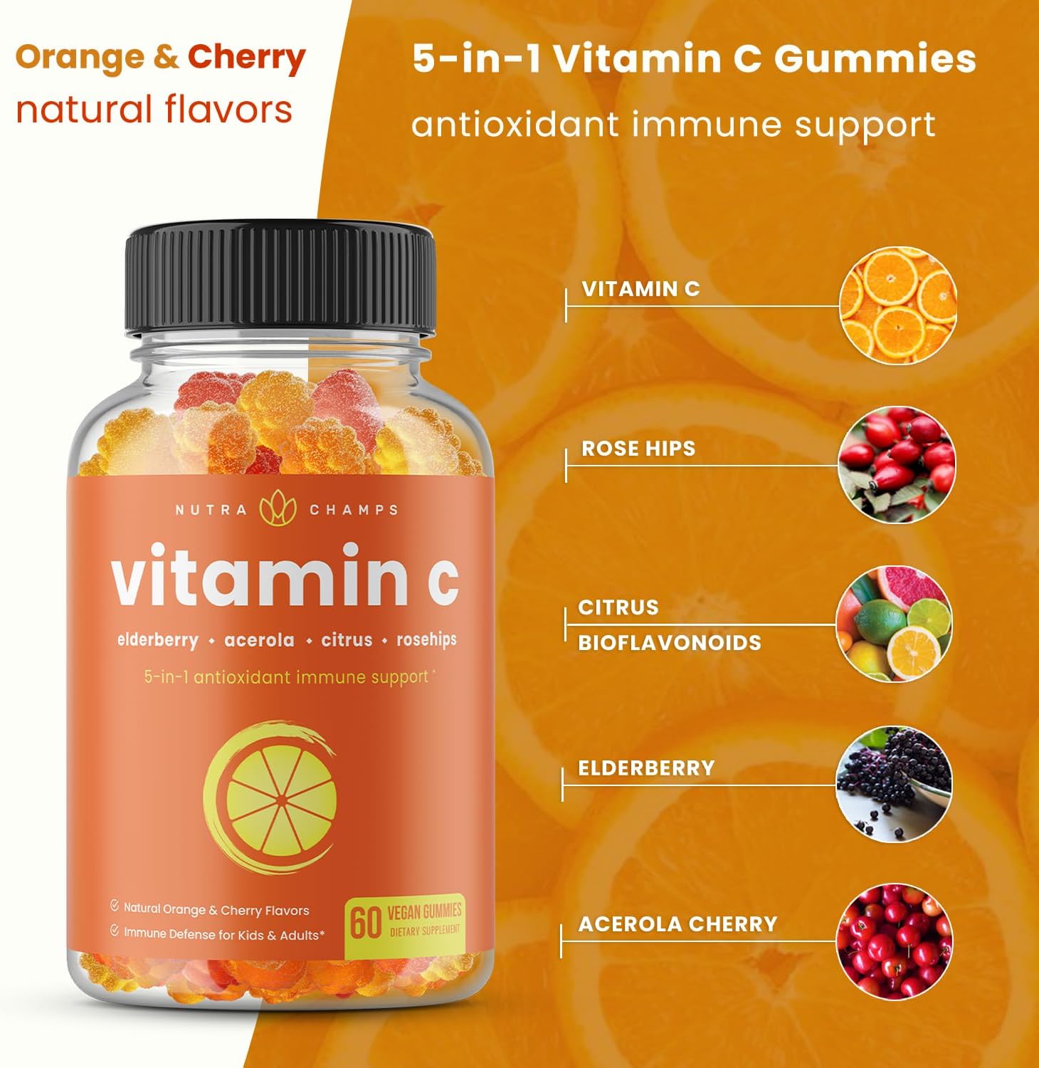 NutraChamps Vitamin C Gummies - 5 en 1 con Saúco, Escaramujo, Bioflavonoides Cítricos y Acerola (Pack de 2)