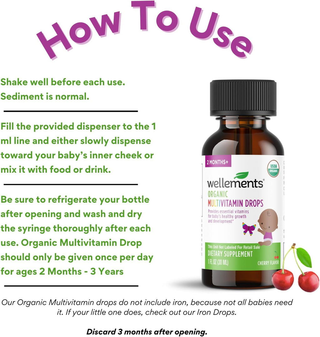 Wellements Organic Baby Multivitamin Drops - Gotas Multivitamínicas Orgánicas para Bebés y Niños Pequeños (30 ml) - Sabor Cereza