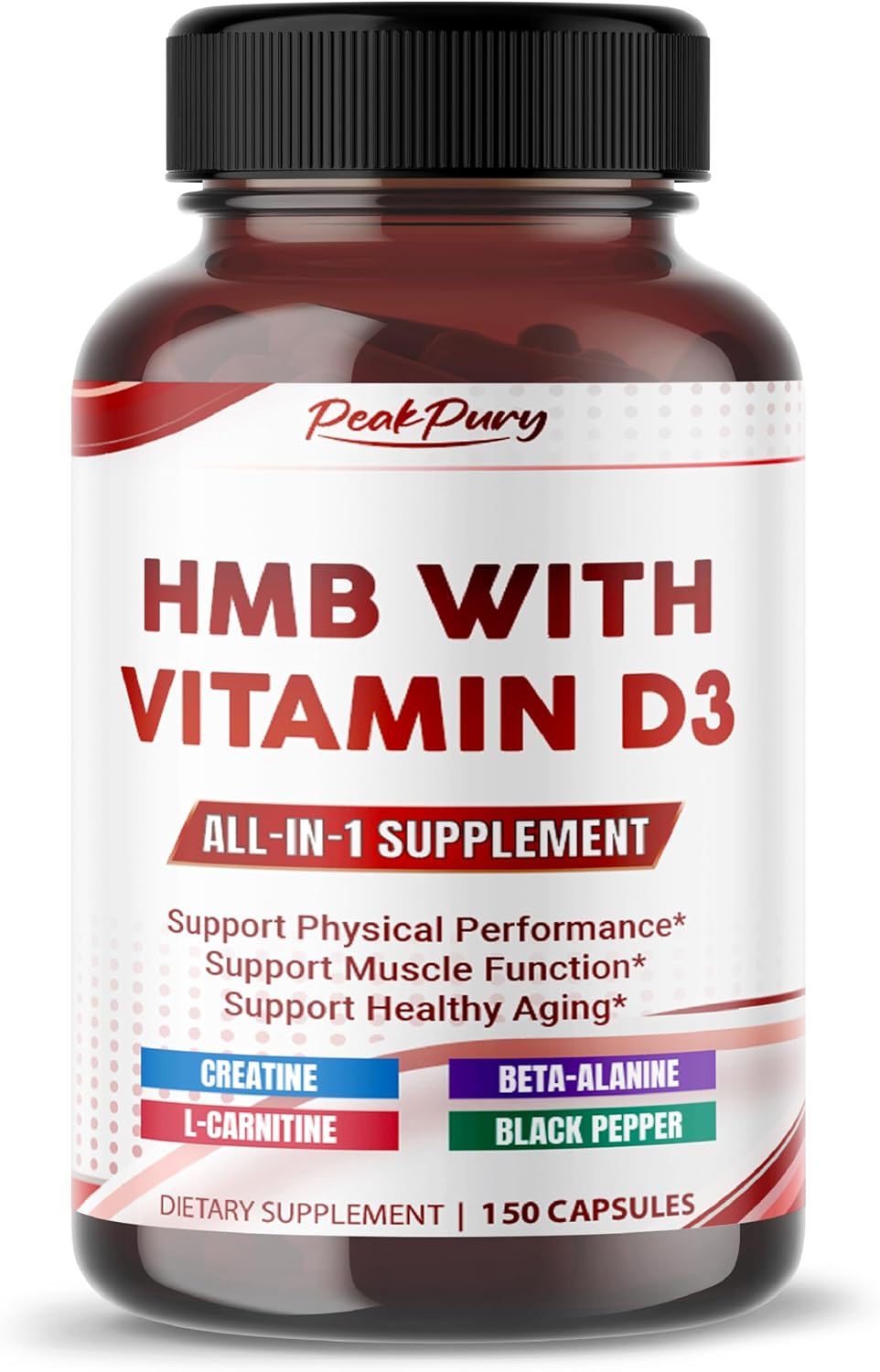PEAKPURY Ultra HMB con Vitamina D3 6000 UI, Creatina, Beta-Alanina y L-Carnitina - 150 Cápsulas