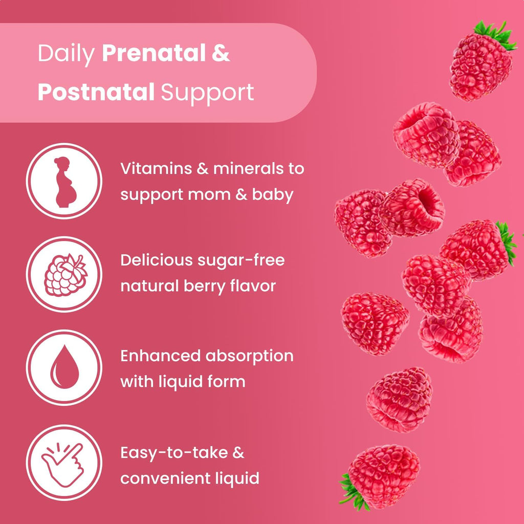 Mother's Promise Multivitamínico Prenatal y Postnatal Líquido Sin Azúcar con Folato, Colina y Frutas Orgánicas – Vegano