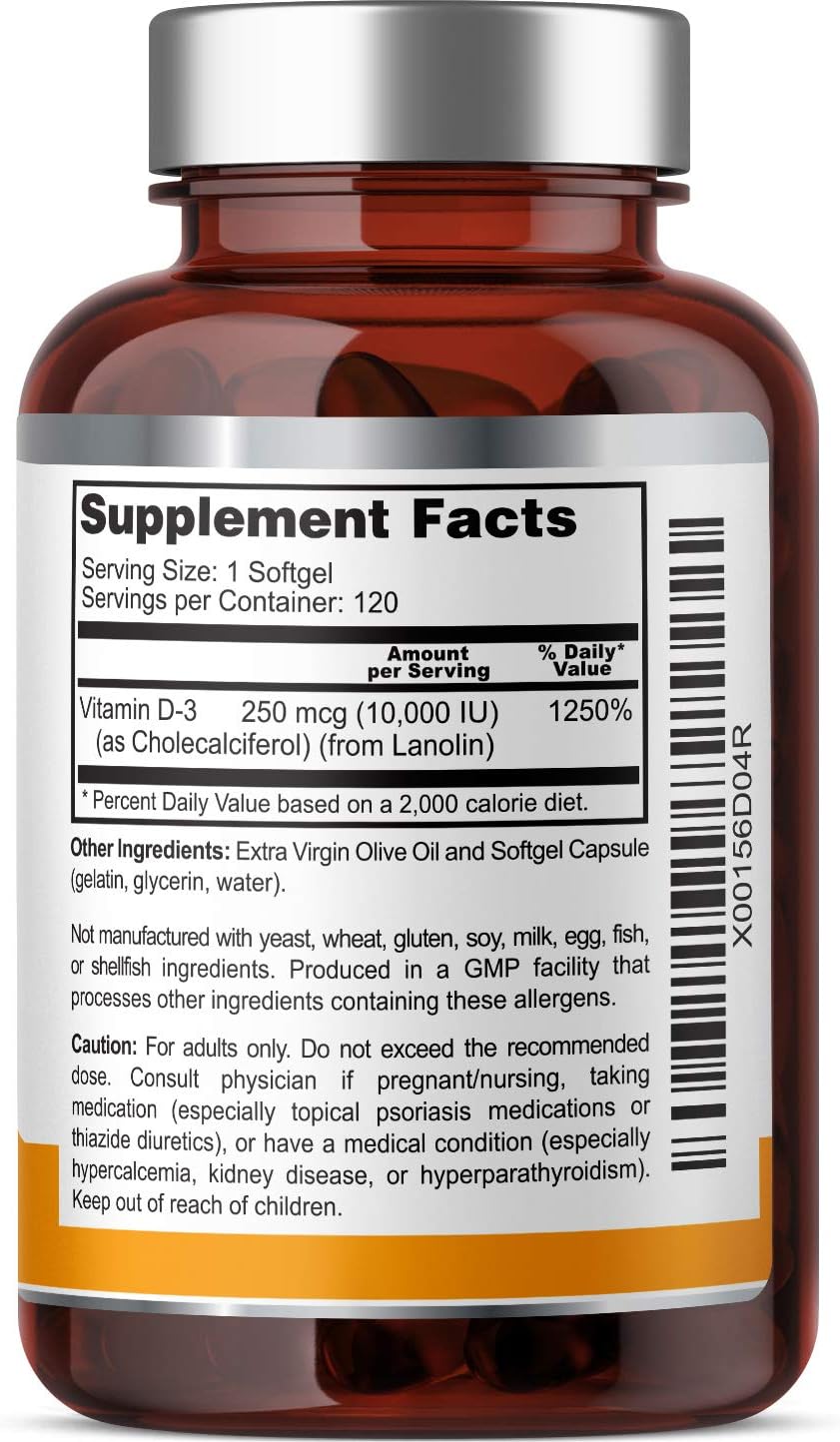 Vitamina D3 10000 UI 120 Cápsulas Blandas - Alta Potencia en Aceite de Oliva Virgen Extra