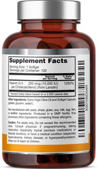 Vitamina D3 10000 UI 120 Cápsulas Blandas - Alta Potencia en Aceite de Oliva Virgen Extra