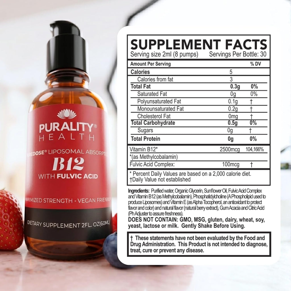 PURALITY HEALTH Liposomal Liquid Vitamin B12 with Fulvic Acid, 2500 mcg. Methylcobalamin combined with Organic Glycerine Extract for Maximum Absorption, Energy Boost, Vegan
