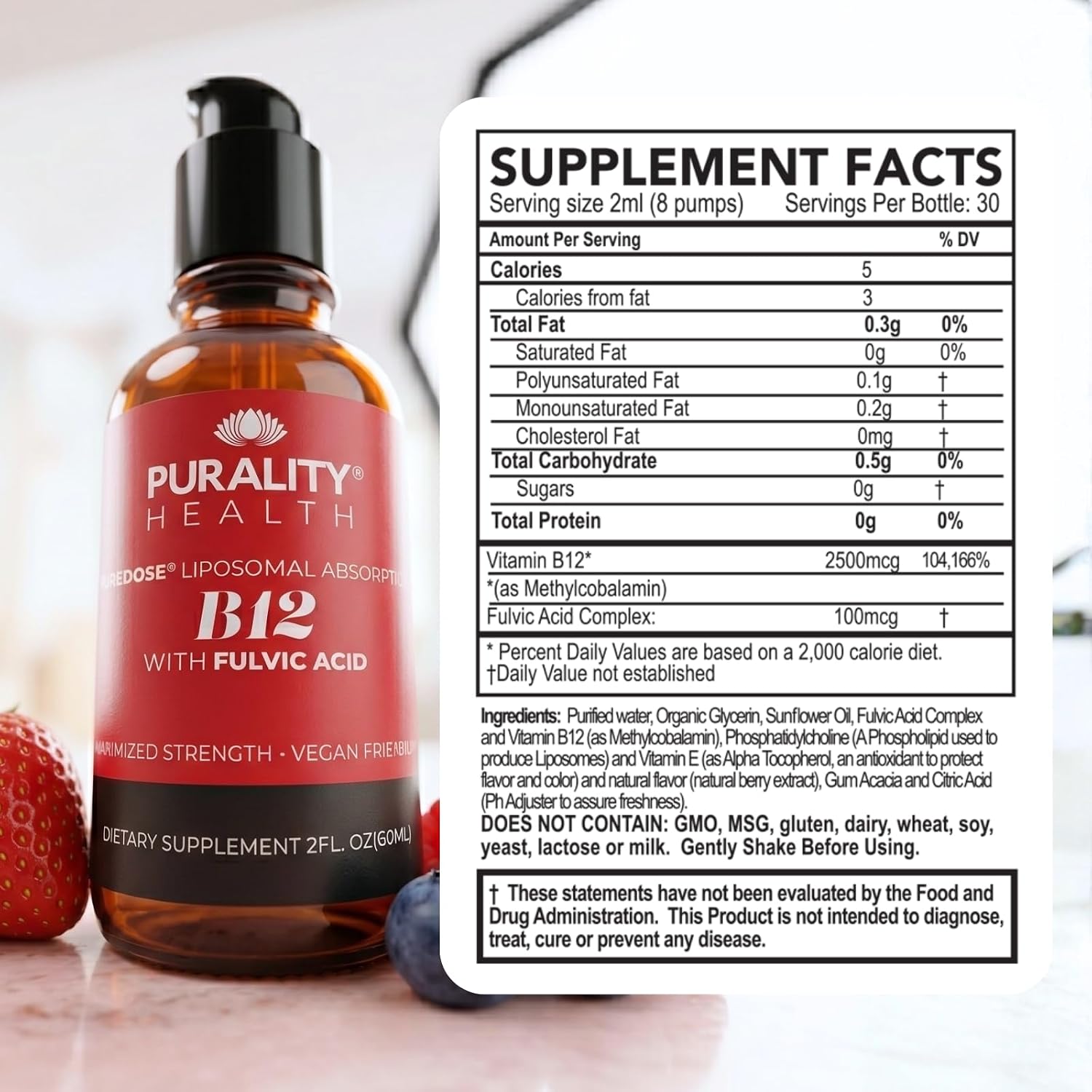 PURALITY HEALTH Liposomal Liquid Vitamin B12 with Fulvic Acid, 2500 mcg. Methylcobalamin combined with Organic Glycerine Extract for Maximum Absorption, Energy Boost, Vegan