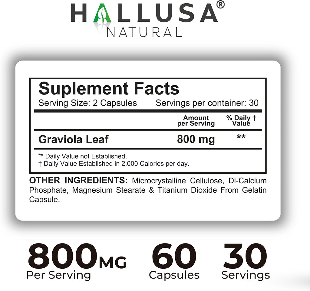 Hallusa Natural Graviola Soursop 800mg - 60 Cápsulas - Complemento Alimenticio de Guanábana