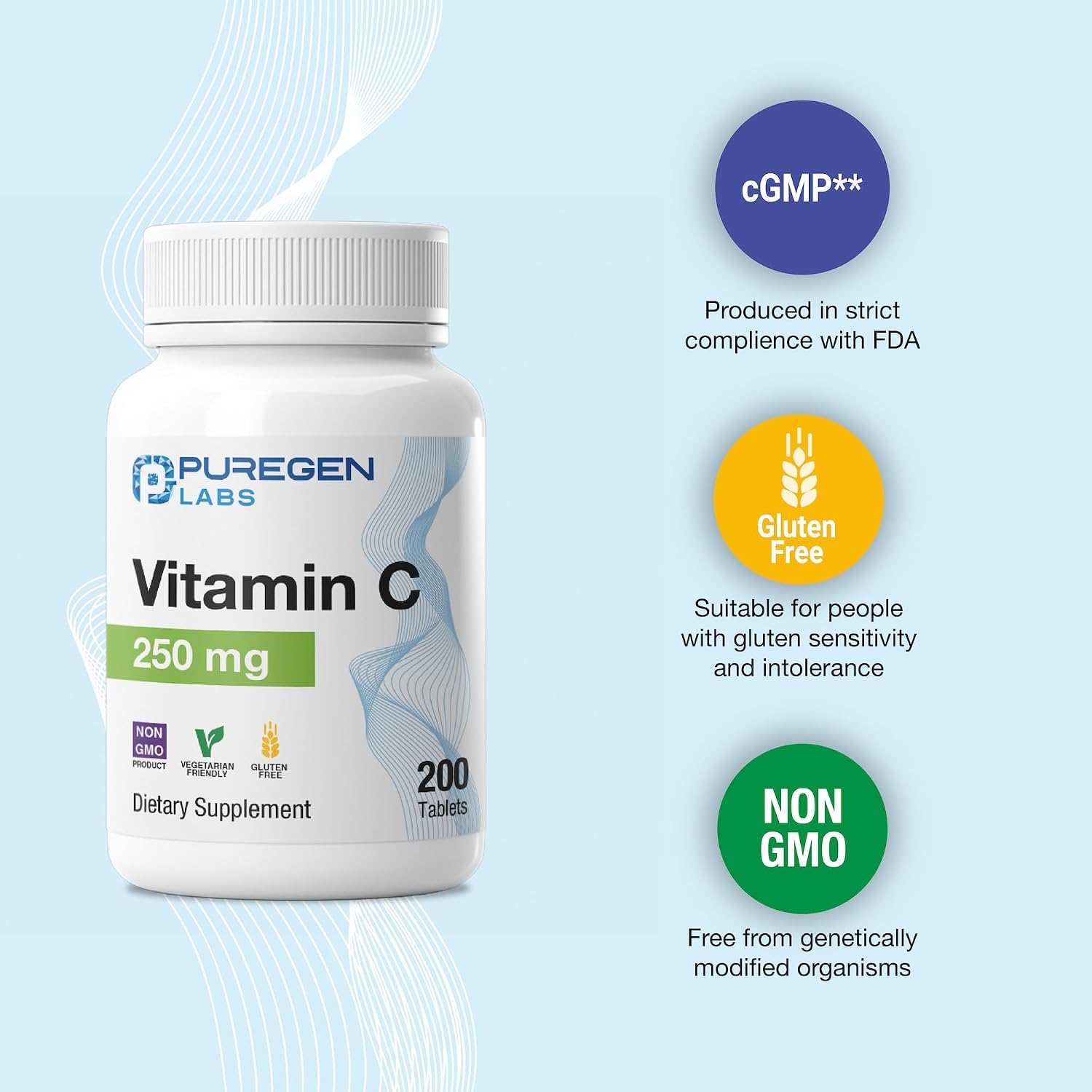 Puregen Labs Vitamina C 250 mg – 600 Comprimidos (3 Paquetes)