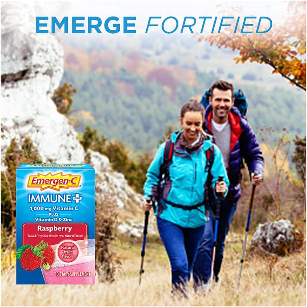 Emergen-C Immune+ Vitamina C 1000 mg, con Vitamina D, Zinc y Antioxidantes, Sabor Frambuesa - 30 Sobres