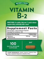 Nature's Truth Vitamina B2 (Riboflavina) 100 mg, 100 Cápsulas - Suplemento sin OGM y sin gluten