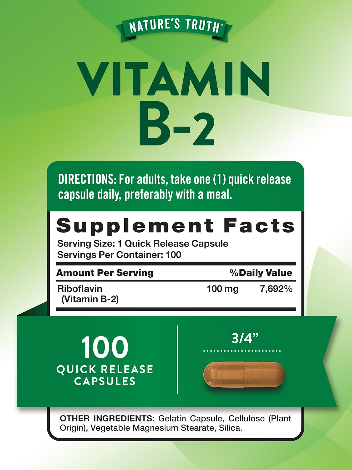Nature's Truth Vitamina B2 (Riboflavina) 100 mg, 100 Cápsulas - Suplemento sin OGM y sin gluten