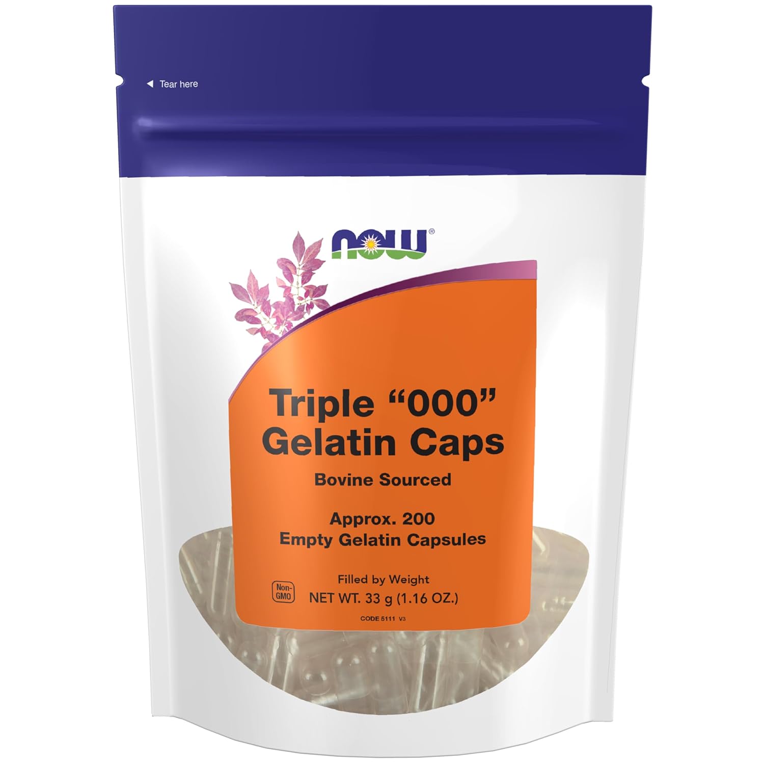 NOW Foods, Cápsulas de Gelatina Vacías, Triple "000", Origen Bovino, Llenado por Peso, 200 Cápsulas