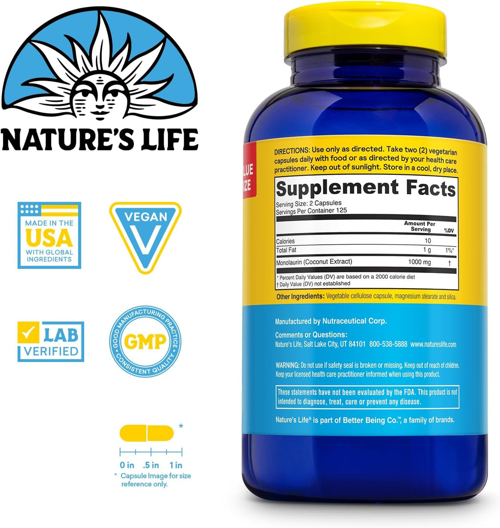 Nature's Life Monolaurin 1000 mg - Cápsulas Vegetales - Apoyo Inmunológico y Salud Intestinal
