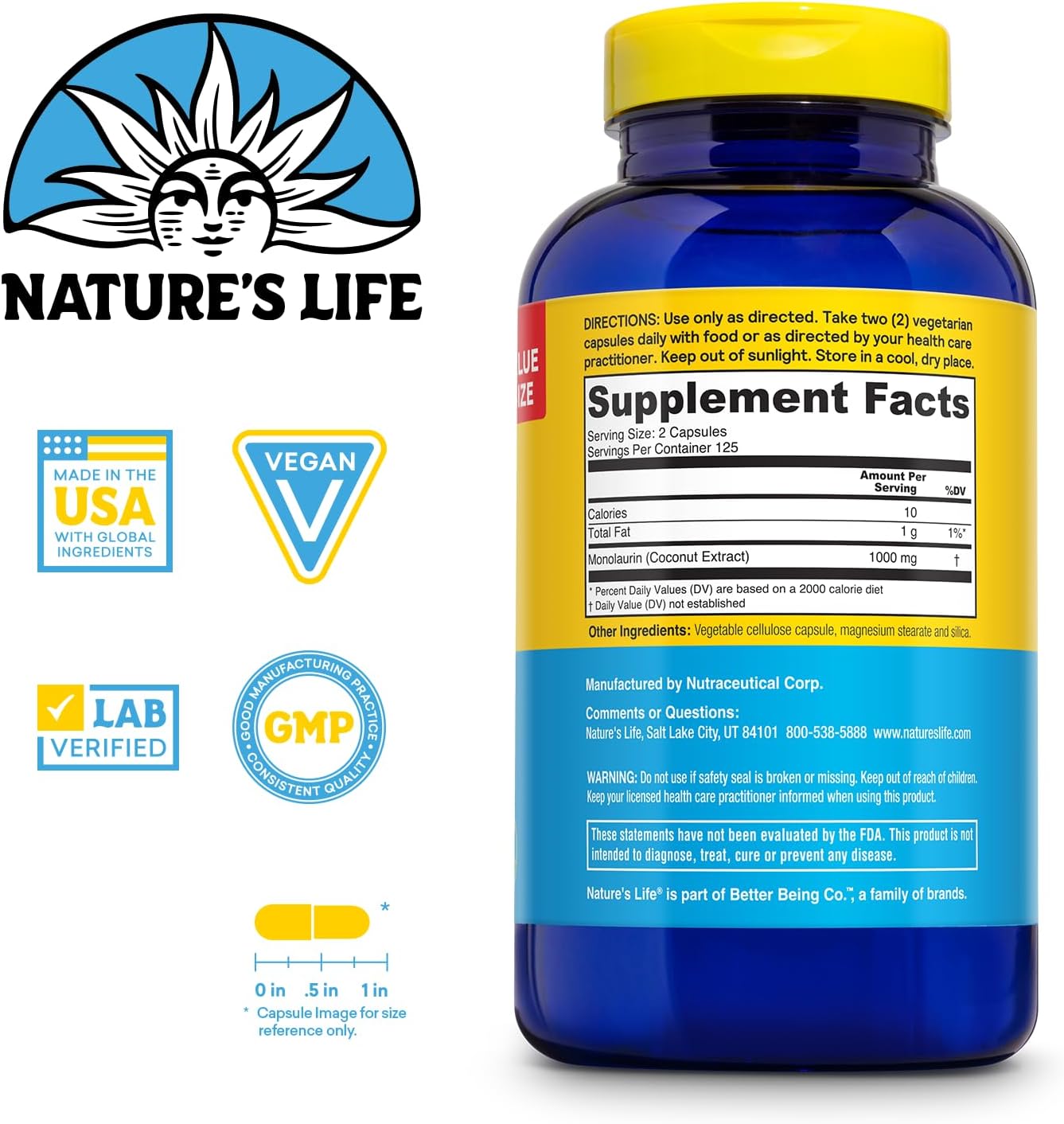 Nature's Life Monolaurin 1000 mg - Cápsulas Vegetales - Apoyo Inmunológico y Salud Intestinal