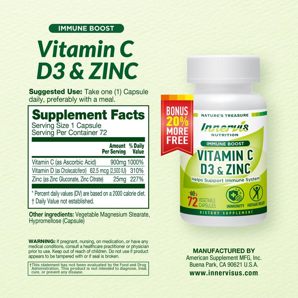 Immune Boost Complex – Vitamina C 900mg, D3 2500 UI y Zinc 25mg – Apoyo al Sistema Inmunitario – 60 Cápsulas Vegetales – Innervis Nutrition