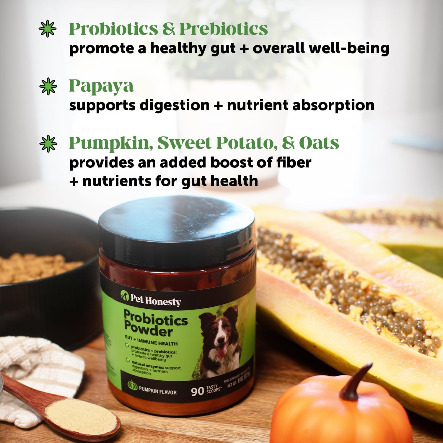 Pet Honesty Probióticos en polvo para perros con enzimas digestivas y calabaza - 90 dosis