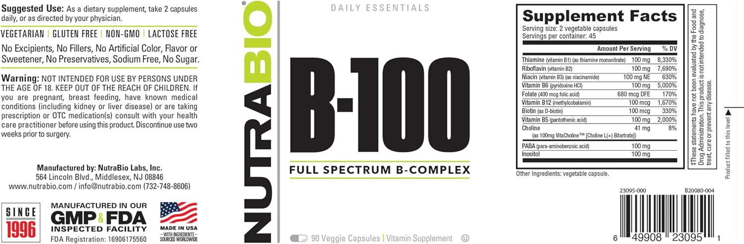 NutraBio B-100 – Complejo de Vitaminas B – Apoyo al Sistema Inmunológico, Cabello, Piel y Uñas – 90 Cápsulas Vegetales