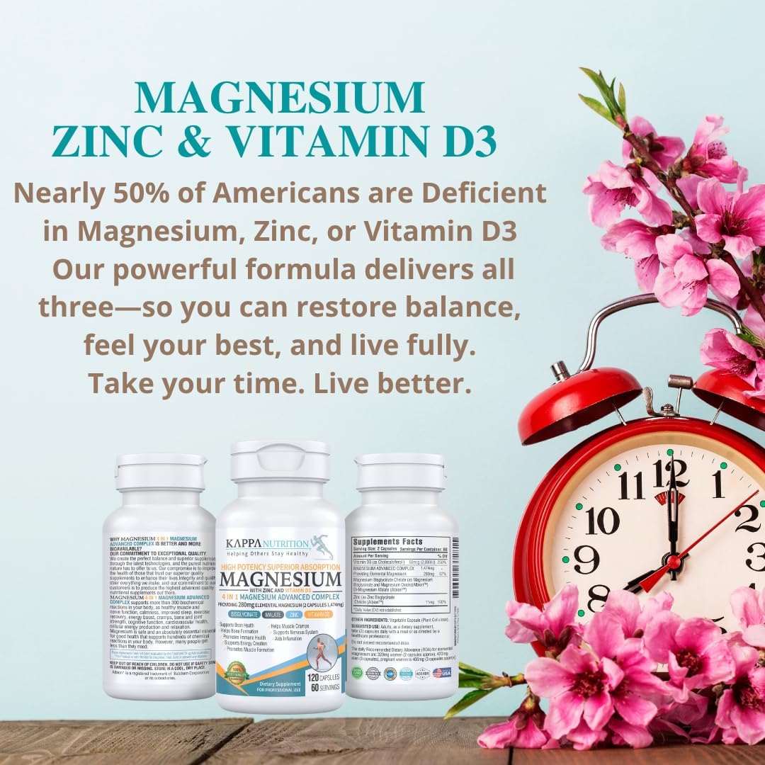 Kappa Nutrition Magnesio 4-en-1, 280mg Magnesio Elemental (Bisglicinato, Malato) + Zinc y Vitamina D3, 120 Cápsulas Veganas