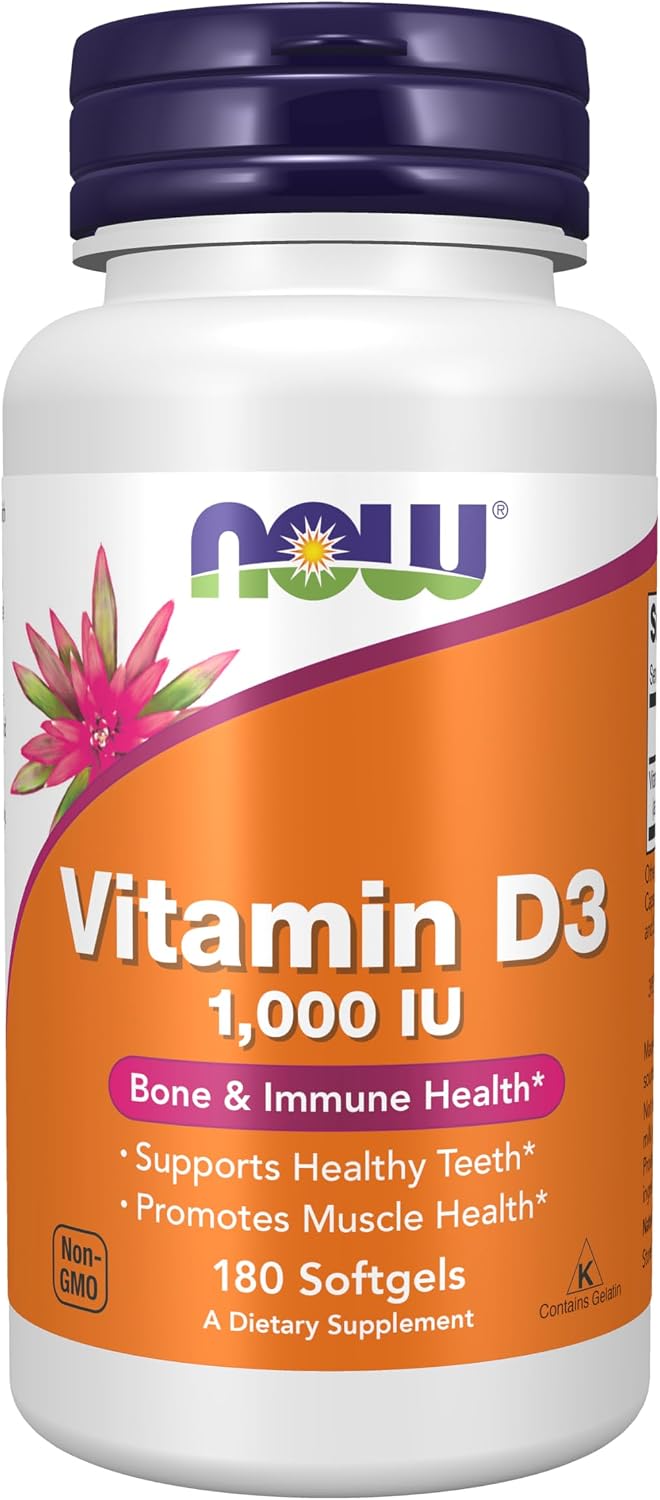 NOW Foods Vitamina D3 1000 UI, 180 Cápsulas – La absorción y utilización normal del calcio y del fósforo. – Image 1