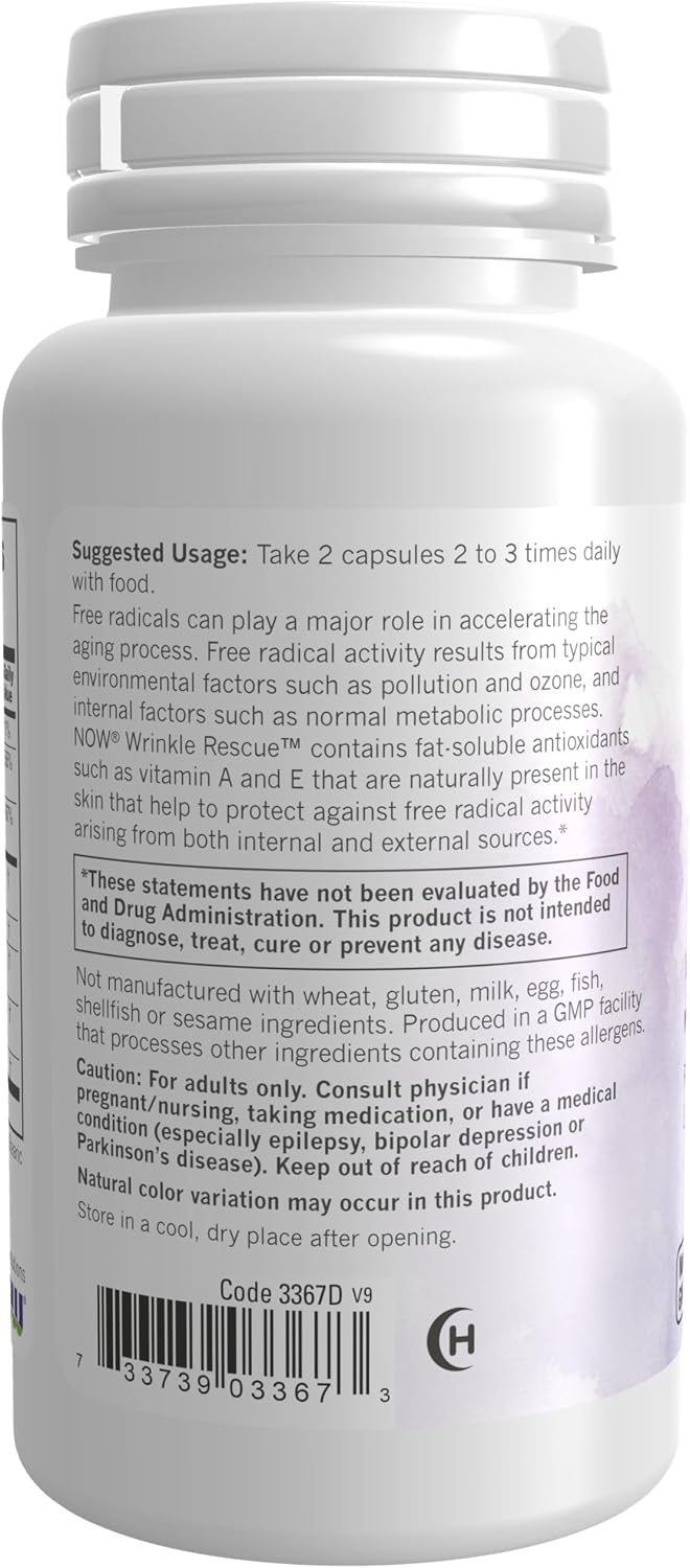NOW Foods Solutions, Wrinkle Rescue™ Cápsulas - Mezcla con Vitaminas A, C y E, 60 Cápsulas