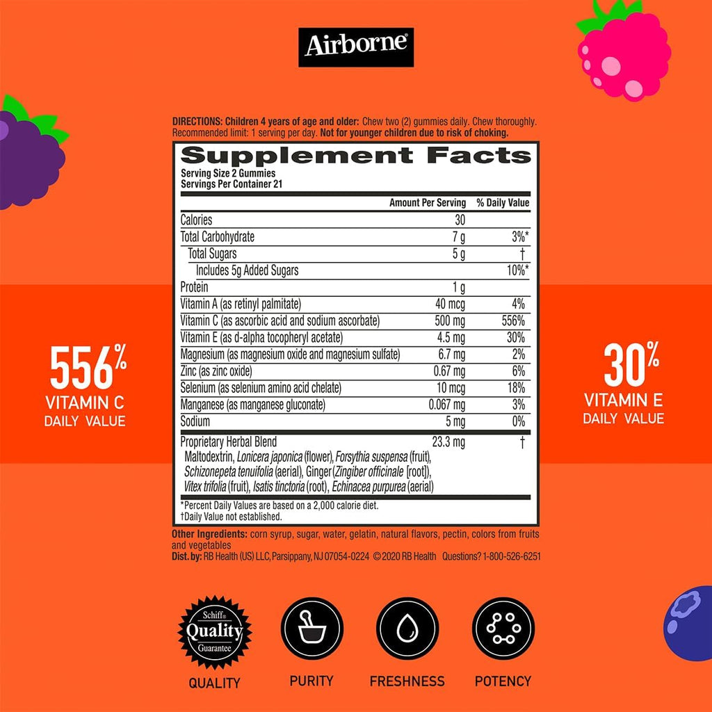 Airborne Gominolas de Vitamina C + Zinc para Niños, 500mg, Sabor Fruta Variada, 42 Gominolas (Pack de 6)