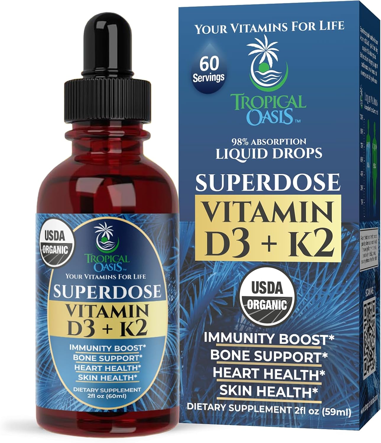 Tropical Oasis Vitamina D3 K2 Líquida Orgánica – Superdosis 8000 UI + 120 mcg K2 – 60 dosis